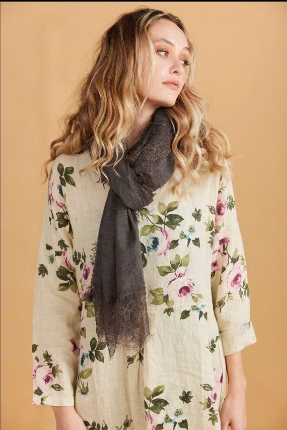 Amelia floral linen dress in Ivory. One size casual linen dress in Ivory.