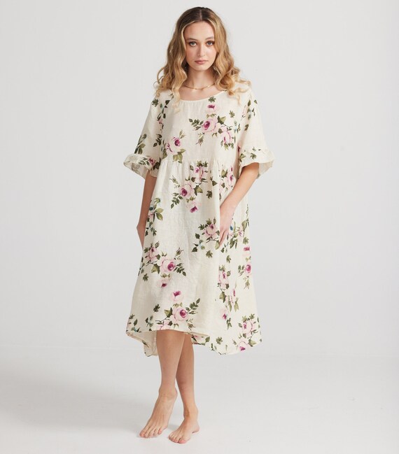 Audrey babydoll linen dress in exclusive rose printed linen in