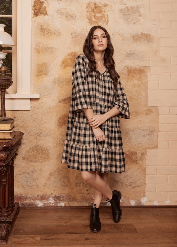 Button-up Plaid Dress in Black Tartan. Brushed Cotton Plaid Casual Coatdress in Black and Beige. - Etsy Button-up Plaid Dress in Black Tartan. Brushed Cotton Plaid Casual Coatdress in Black and Beige. - Etsy