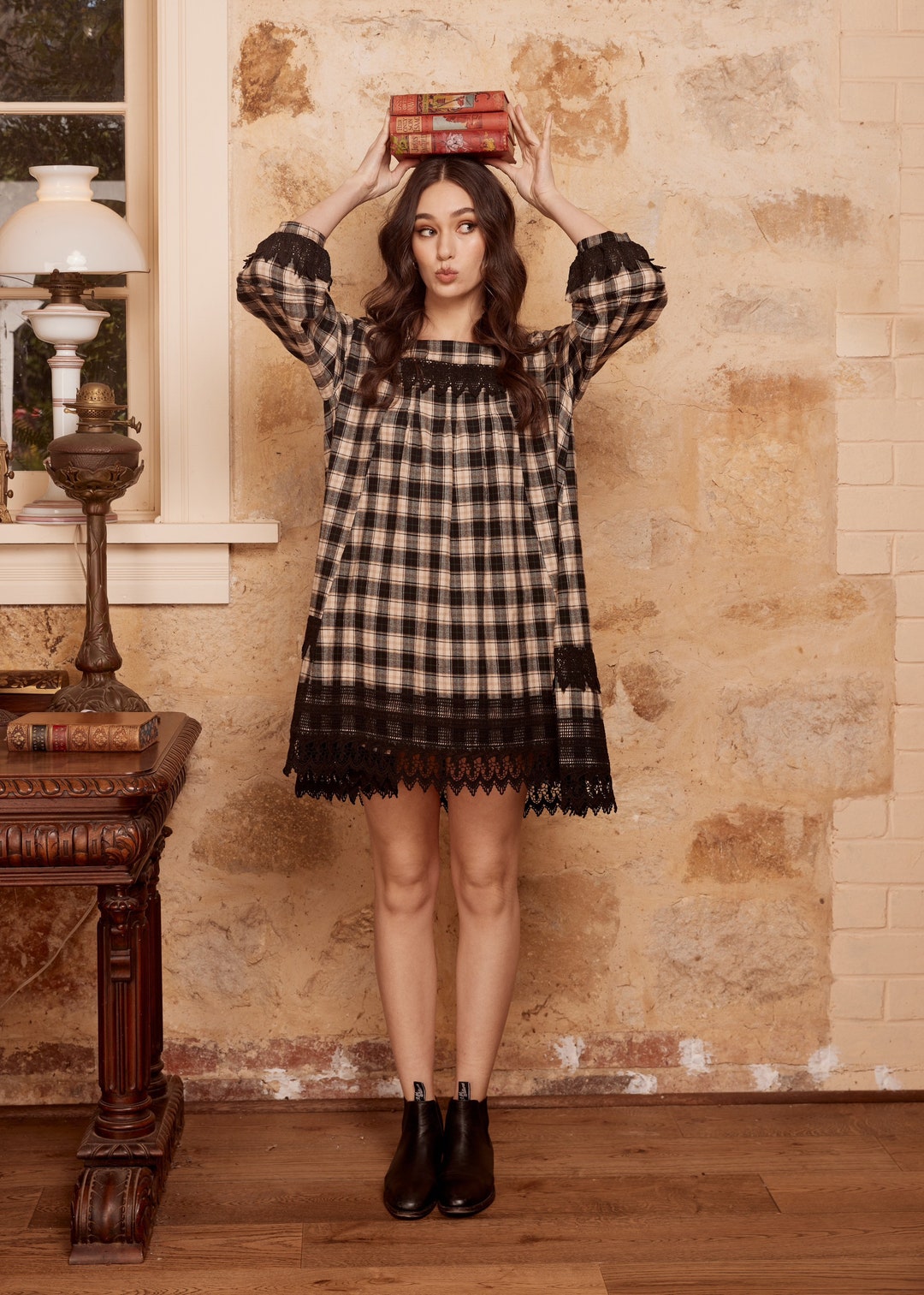 Isla Plaid Dress in Grey or Black Check With Vintage Lace, a