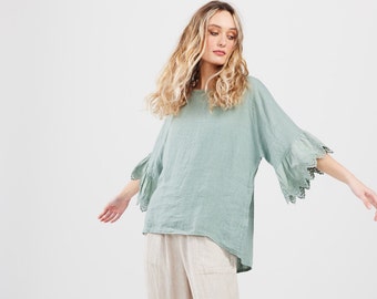 Ellie Linen and Lace sleeve ladies top in Sage green. casual pretty lace and linen top.