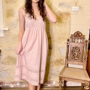 Combinación de encaje Blossomtime. Camisón de algodón y encaje vintage en rosa empolvado. Camisón de encaje de inspiración vintage