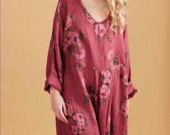 Amelia floral linen dress in Cranberry rose design . Long sleeve linen dress in stunning floral rose .