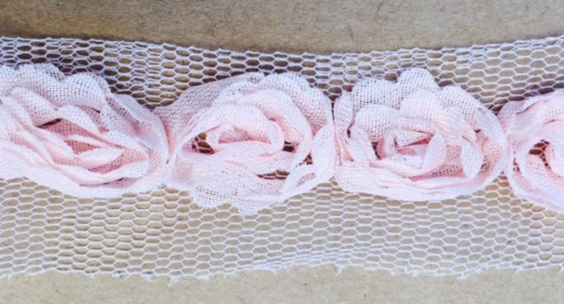 rosebud trim. organza rosebud trim. pink rosebud ribbon. rosebud ribbon trim. image 1