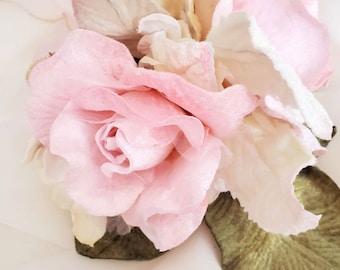 rose and hydrangea posy. Victorian rose posy. millinery flowers. corsages. velvet flowers . Vintage millinery . Millinery velvet