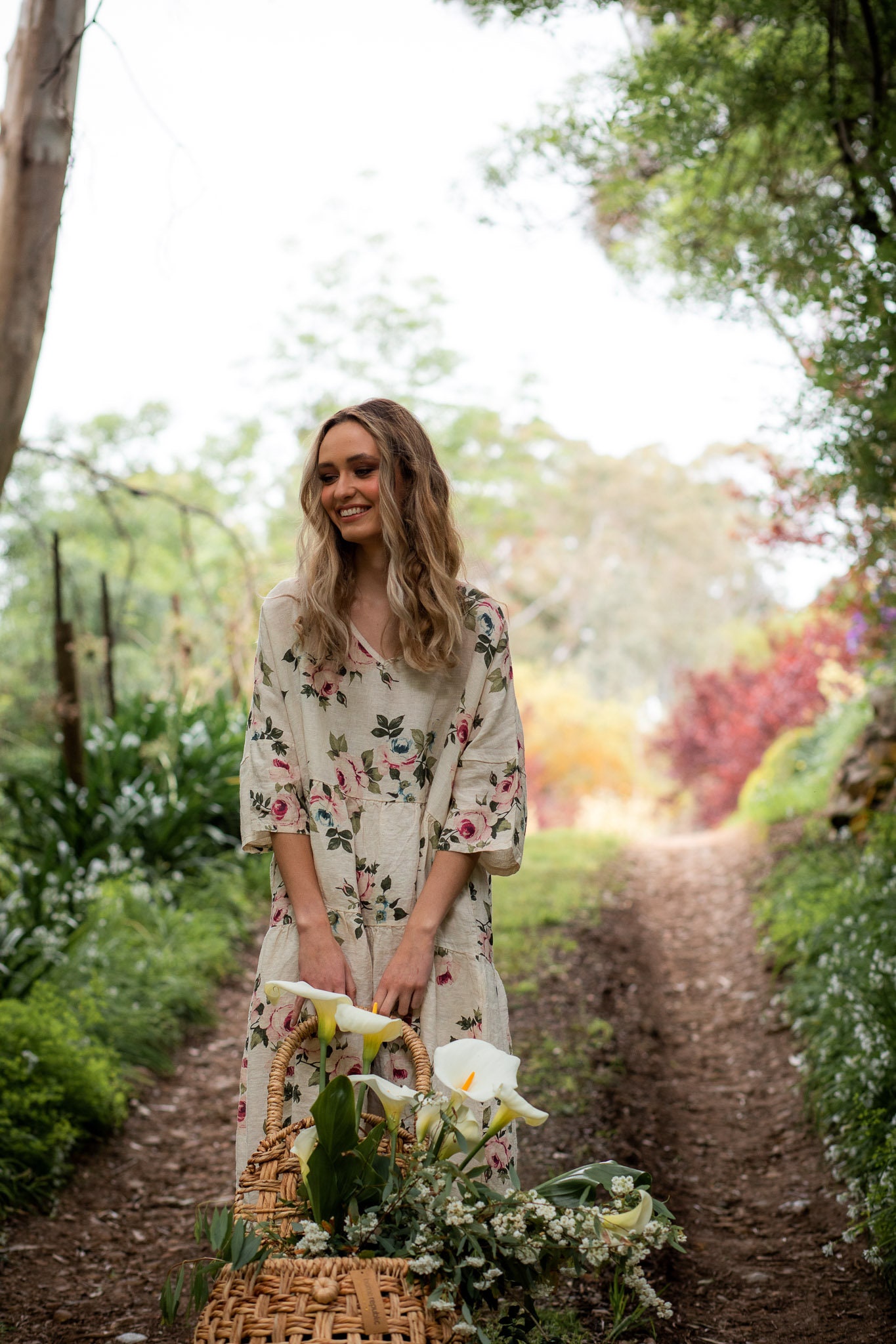 Stella Linen Dress in Cream Floral Rose. Beautiful Flowing Loose- Fitting Dress.. .Floral Linen Dress