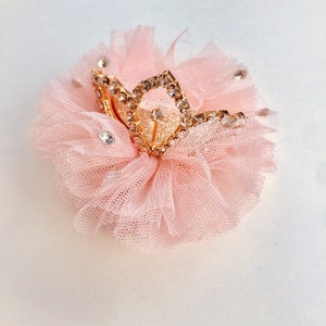 Pode incluir: Uma flor de tule rosa com uma coroa dourada adornada com strass.