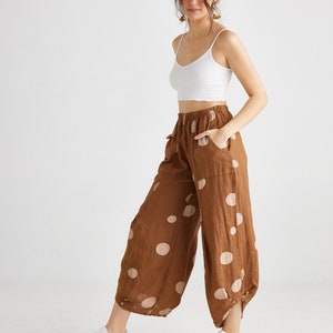 Lulu linen polka dot pants. Harem pants. Casual loose linen pants in tobacco polka dot