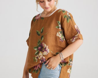 Contessa linen floral top . Italian floral linen top . Tobacco floral top