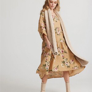 Floral Stella linen dress in caramel . One size linen floral dress