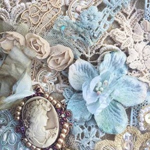 Antique Blue and beige Embellishment pack. scrapbooking supply. Collage, sewing and journal embellishment collection. Vintage Haberdashery