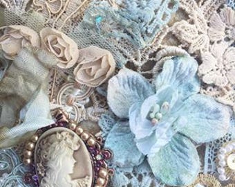 Antique Blue and beige Embellishment pack. scrapbooking supply. Collage, sewing and journal embellishment collection. Vintage Haberdashery