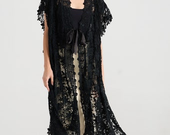 Empress black vintage lace coat. Black lace duster .