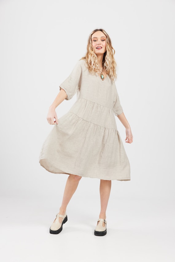 Stella Linen Dress in Oatmeal. One Size Casual Full Pretty Dress in Beautiful Natural Coloured Linen.