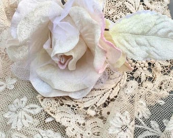 Cream velvet rose . Millinery rose . Flower crown . Velvet and organza cream rose