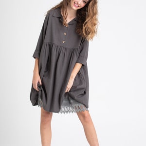 Trelise french style cotton shirtdress. casual prewashed soft cotton shirtdress in Charcoal and Blush Pink. image 4