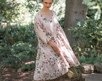 Floral linen Stella dress in Antique Rose. One size floral linen dress