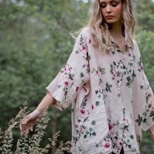 Teddie floral linen shirt. Pale pink floral linen jacket. Oversize line floral blouse in palest pink.