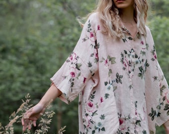 Teddie floral linen shirt. Pale pink floral linen jacket. Oversize line floral blouse in palest pink.