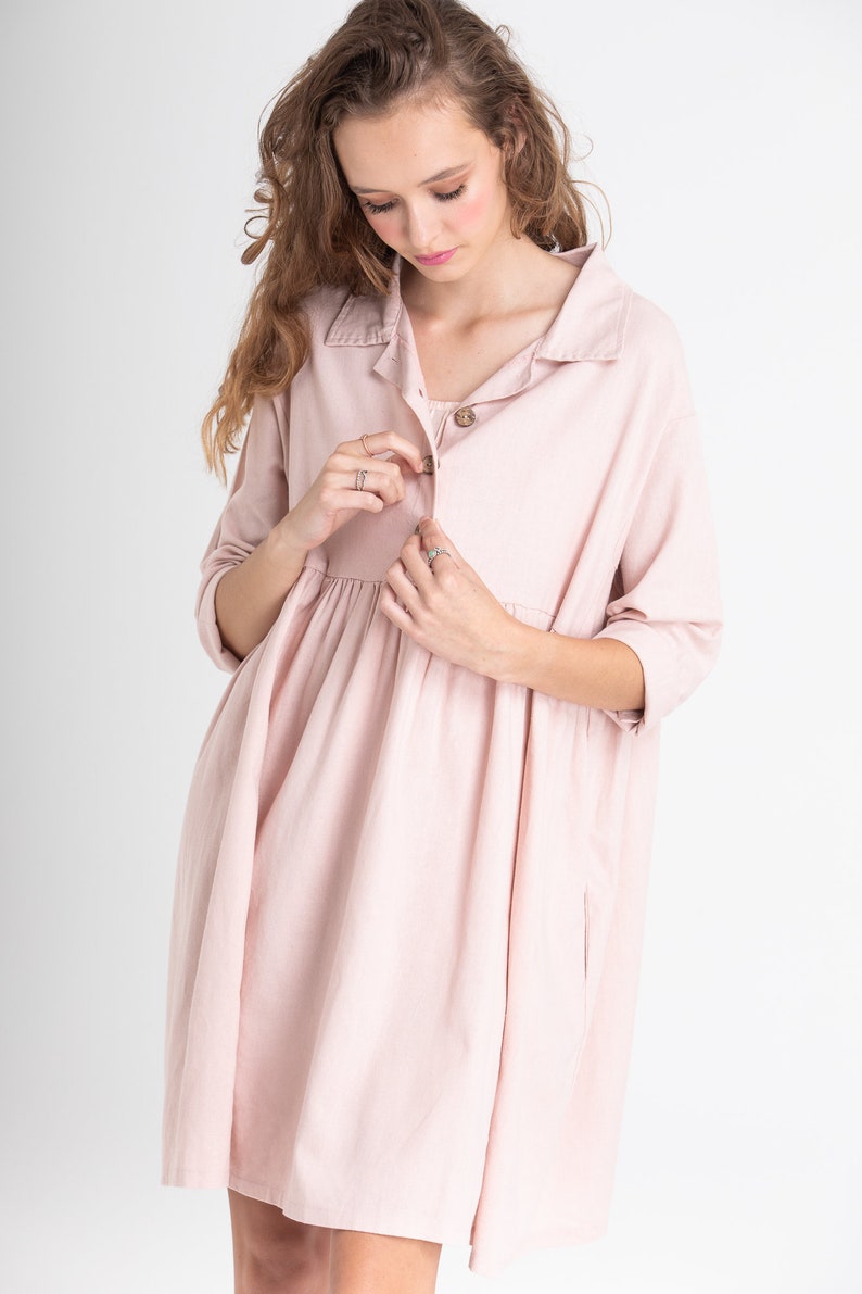 Trelise french style cotton shirtdress. casual prewashed soft cotton shirtdress in Charcoal and Blush Pink. image 7