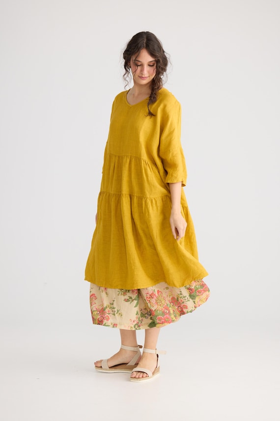 casual yellow plus size dress Linen Stella Dress in Buttercup. Casual Pretty Very Full Linen Dress in  Yellow. Plus Size Linen Dress