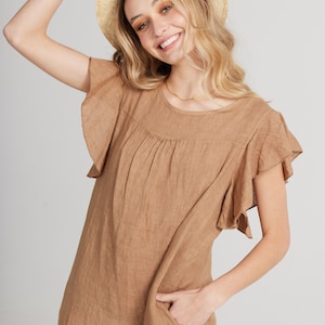 Poppy  Linen dress with ruffled sleeves in Milk Chocolate. Sassy, stylish linen dress made from italian linen .