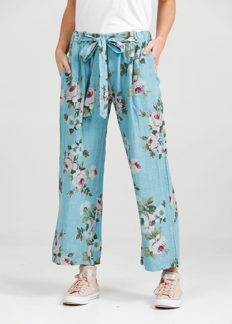 Linen pants in floral Tahitian blue Linen pants Linen trousers Linen Eva floral pants by Miss Rose Sister Violet