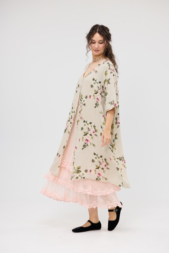 Linen Abigail Floral Shirt Dress . Abigail Floral Linen Coat Dress by Miss Rose Sister Violet . Linen Dress in Italian Linen Seamist