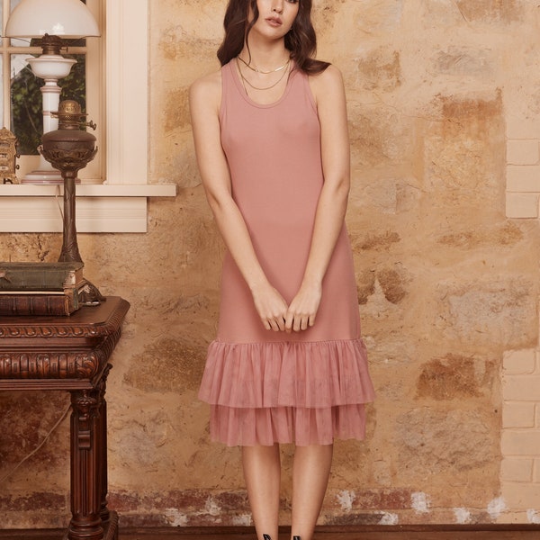 Daisy cotton knit slipdress to wear on its own or as a layering piece. Cootn knit dress in Antique Rose
