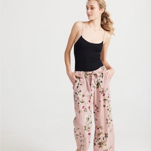 Eva linen floral pants in Antique Rose italian linen. made in italy floral relaxed casual pants.