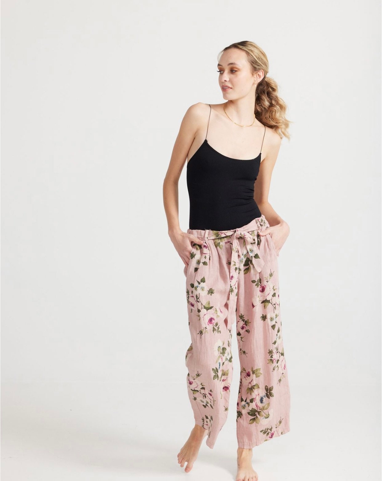 Eva Linen Floral Pants in Antique Rose Italian Linen. Made  display picture 1