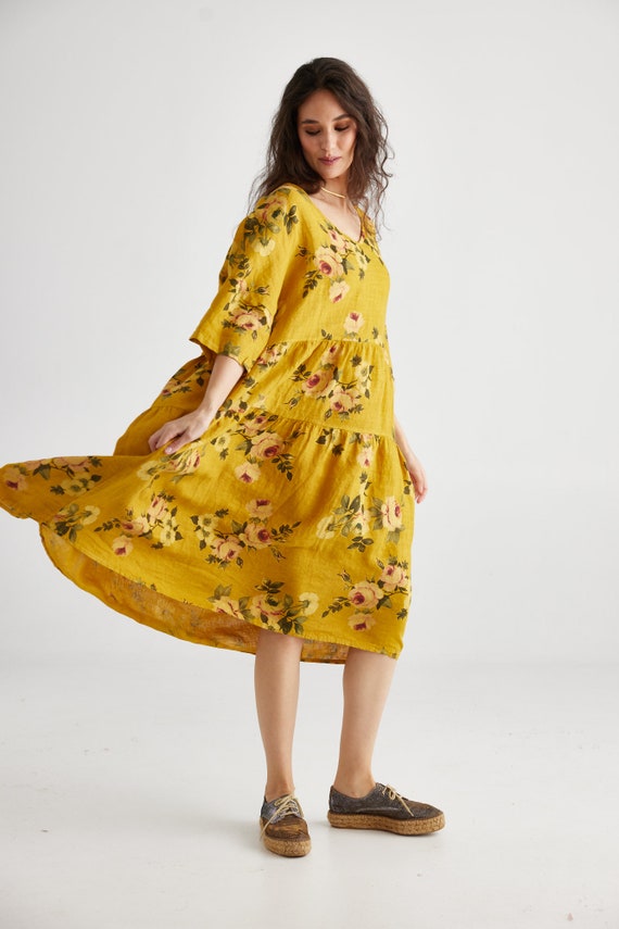 Stella Floral Rose Linen Dress in Sunflower. Tiered One-Size Linen Floral Dress in Yellow Roses. Plus Size Linen Floral Dress.