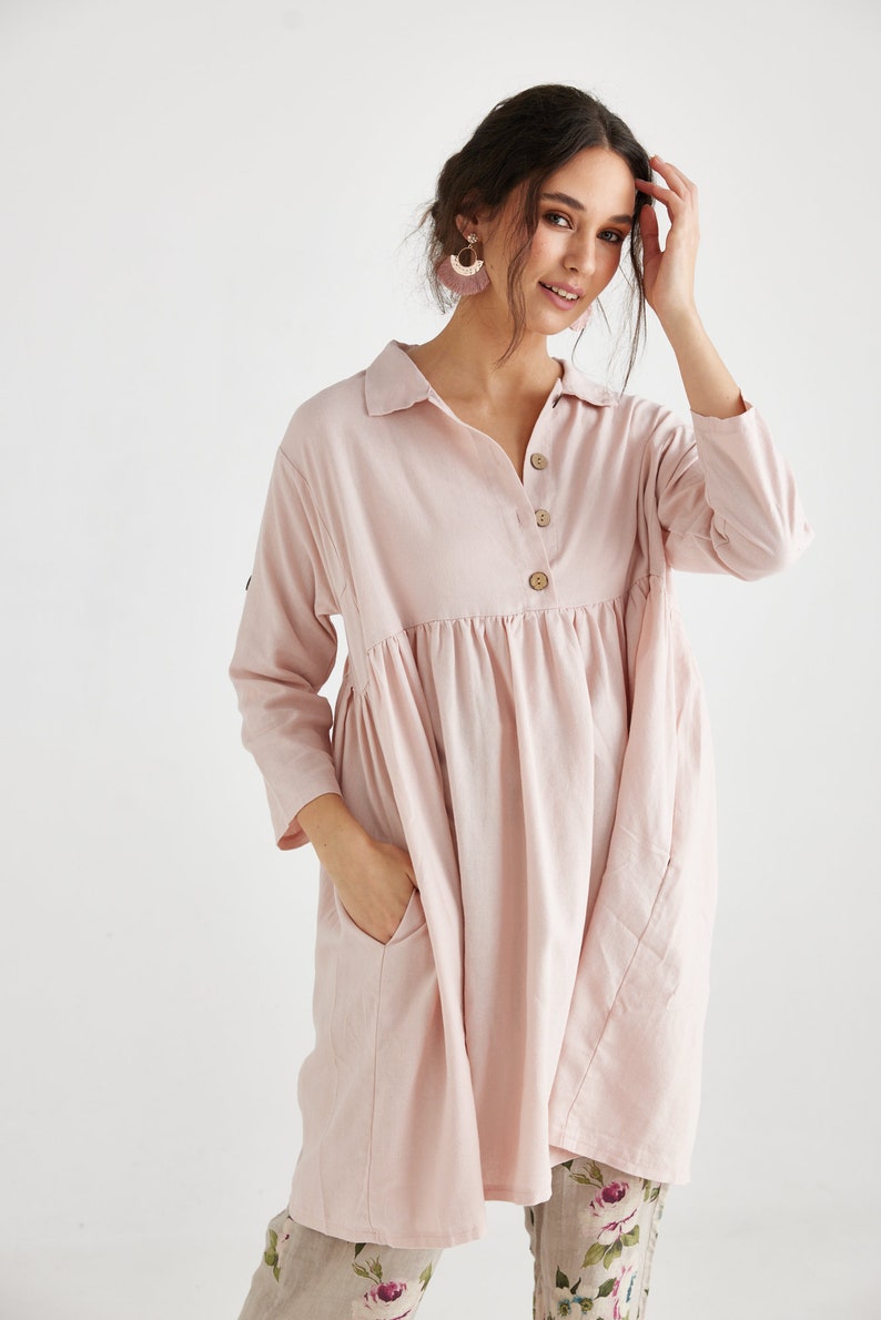 Trelise french style cotton shirtdress. casual prewashed soft cotton shirtdress in Charcoal and Blush Pink. image 9