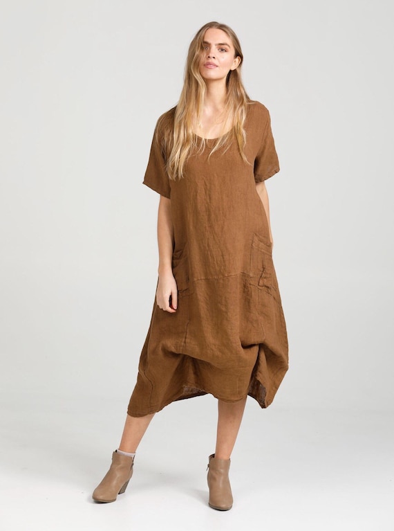 Tobacco Linen Ruched Dress - Italian Primavera Design
