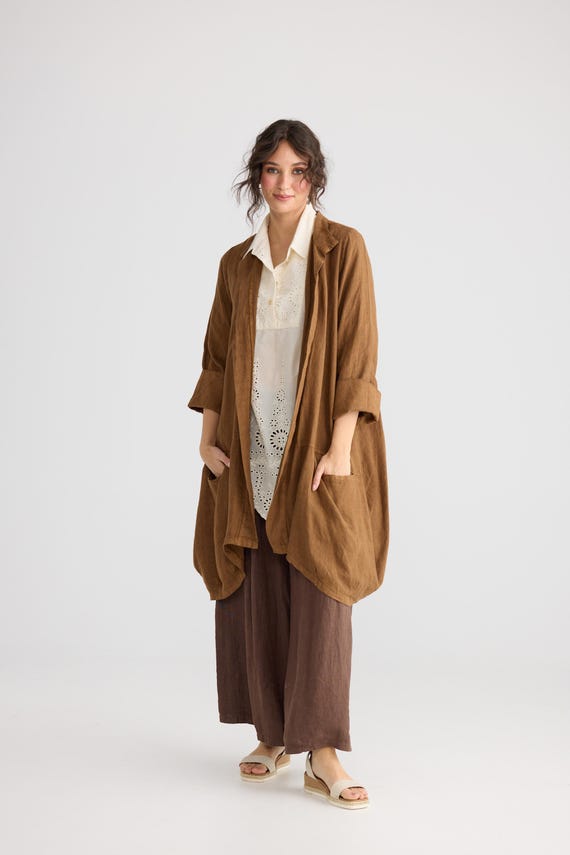 tobacco linen jacket Harper-Lee European linen oversized jacket in Brown. Stunning stylish linen three-quarter length coat in Tobacco