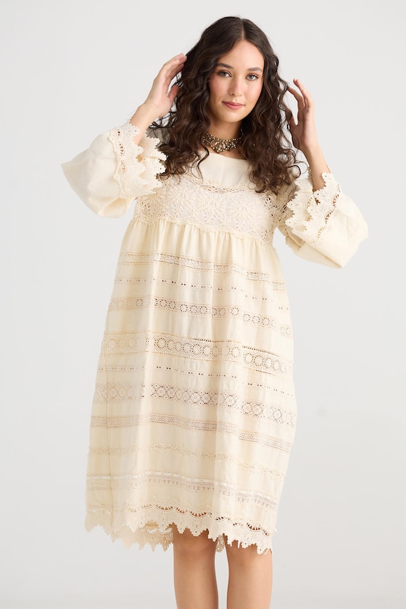 Sweetpea Cotton and Lace Dress. Very Lacey Lace and Cotton Dress in Vanilla Cream. Pretty Wedding Dress.