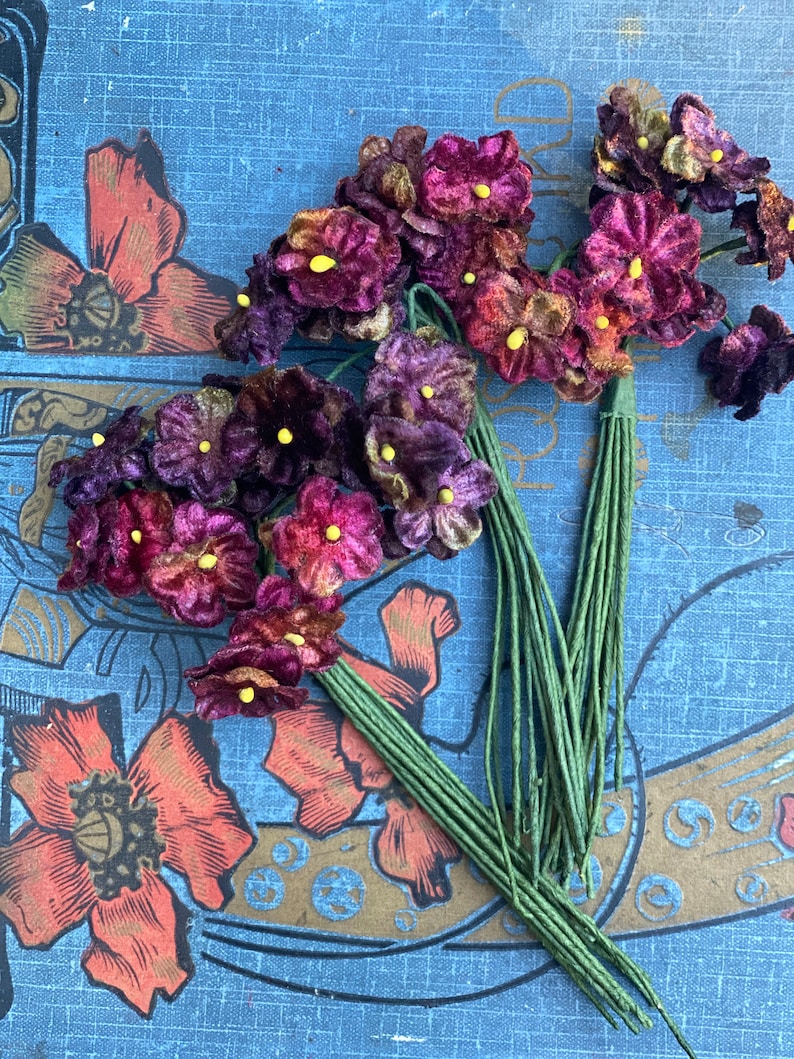Puede incluir: Un ramo de flores de terciopelo morado con centros amarillos. Las flores est&aacute;n unidas a tallos verdes.