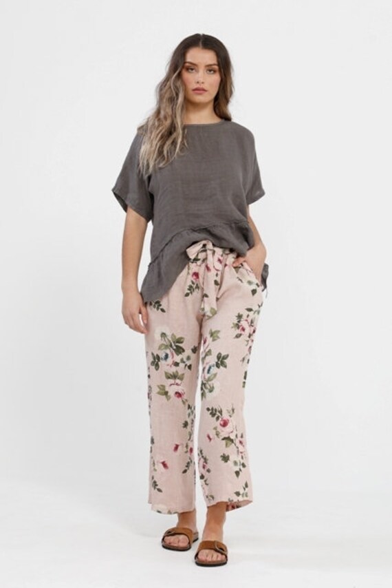 Eva Linen Floral Pants in Antique Rose Italian Linen. Made  display picture 3