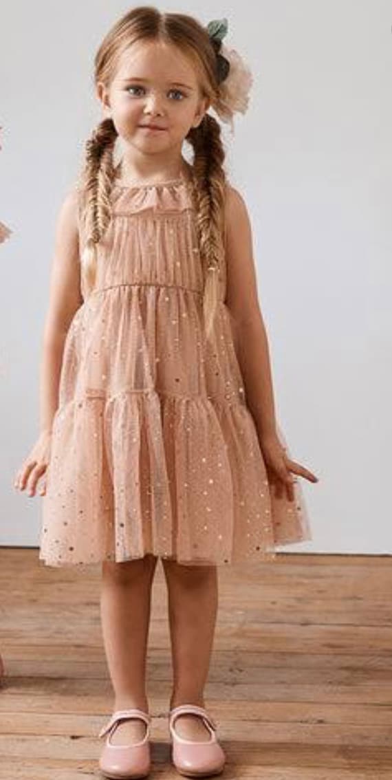 Twinkle Twinkle little star dress in rose gold tulle with golden stars and  moons . First birthday dress .