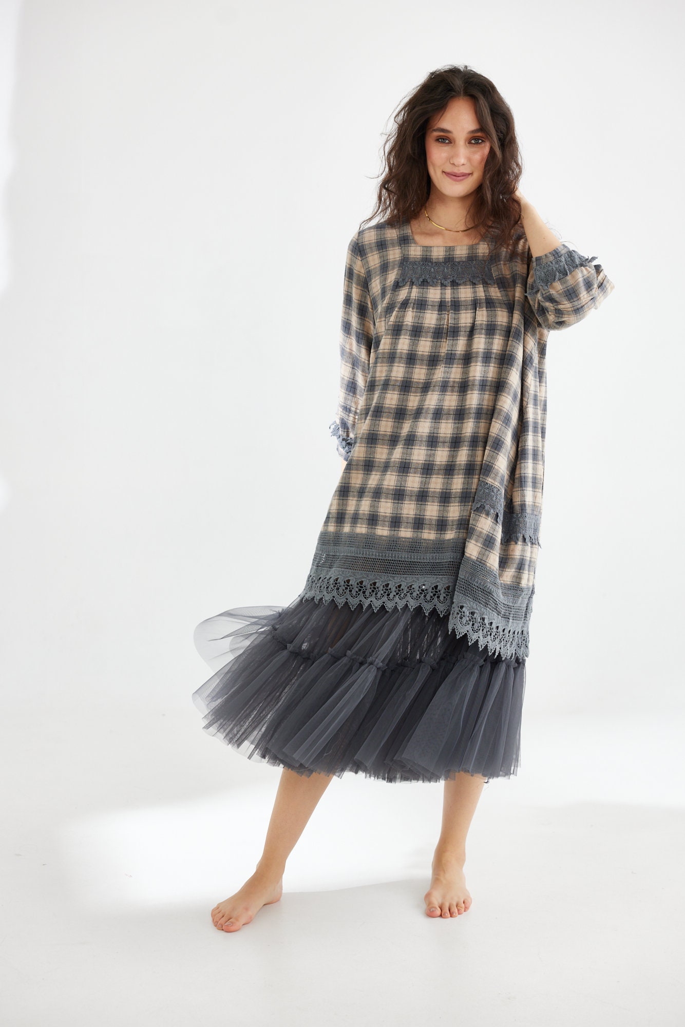 grey tartan dress Isla plaid dress. Gorgeous in either or Black plaid with Vintage lace detail Checkered dress