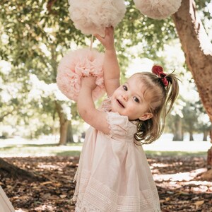 May include: A young girl in a pink dress with lace trim reaches up to touch a pink tulle pom-pom hanging from a tree branch. There are other pink tulle pom-poms hanging in the background.