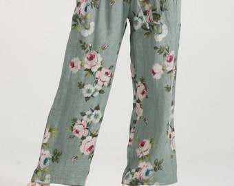 Eva linen floral pants in Italian linen. Sage green casual floral linen pants.