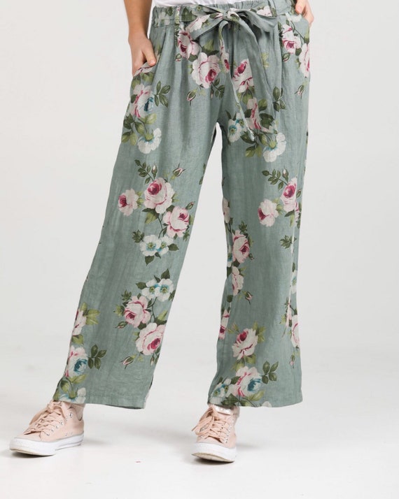 Eva Linen Floral Pants in Italian Linen. Sage Green Casual Floral