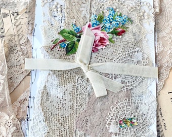Exquisite antique lace and ephemera for slow stitching, mixed media, collage, sewing, and craft. Roses and lace
