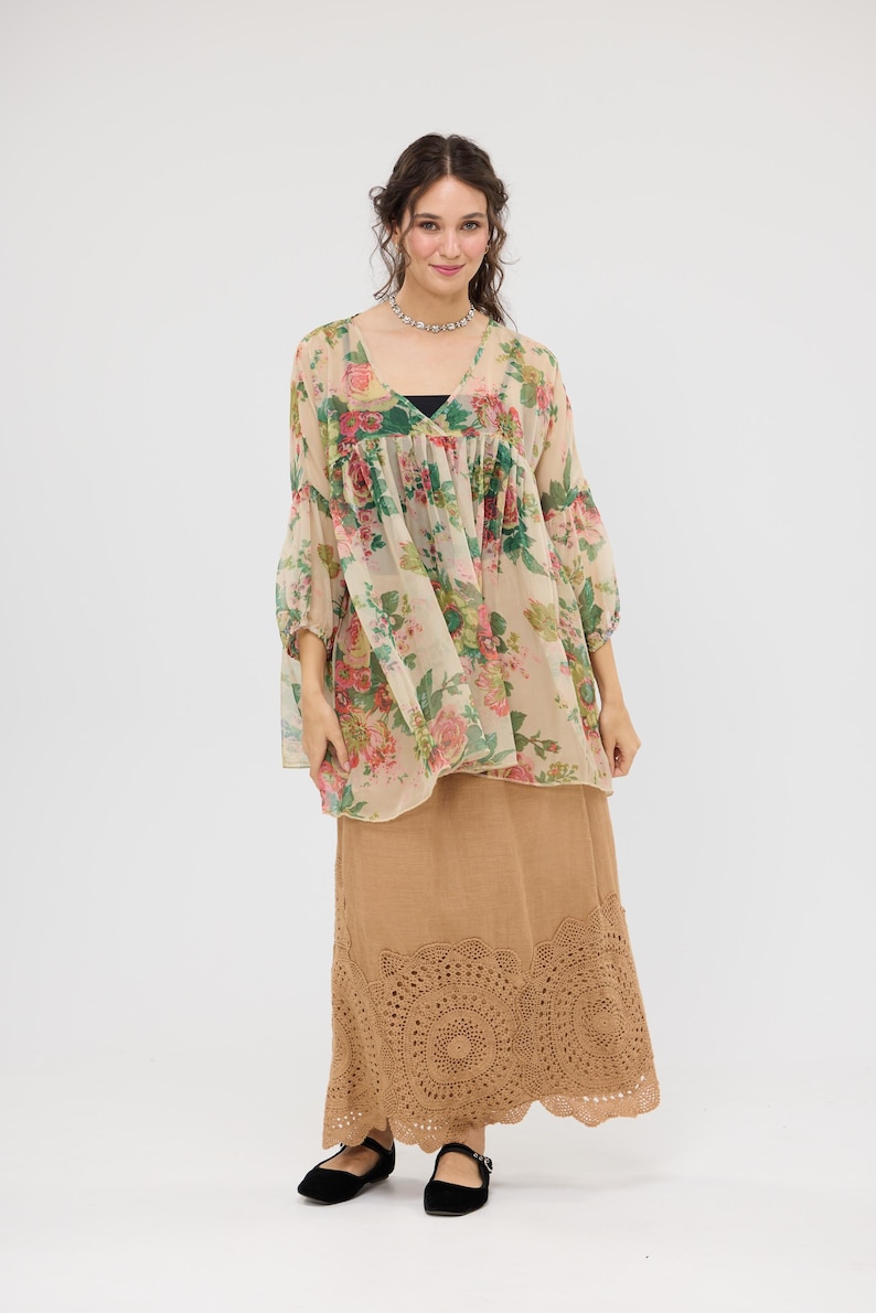 Floral Chiffon Blouse, Marigold Rose Print, Loose Tencel Top image 4