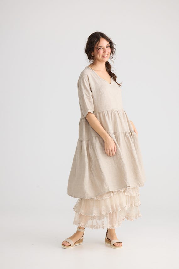 chinese dress ladies Oatmeal Linen Blend Midi Dress - All Dresses main image 1