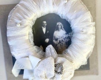 vintage padded lace wreath for Christmas or wedding decoration . can be used to frame a vintage photo