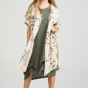 Linen Abigail coat dress in cream. Linen floral shirtdress. floral linen coat dress in cream or antique pink.