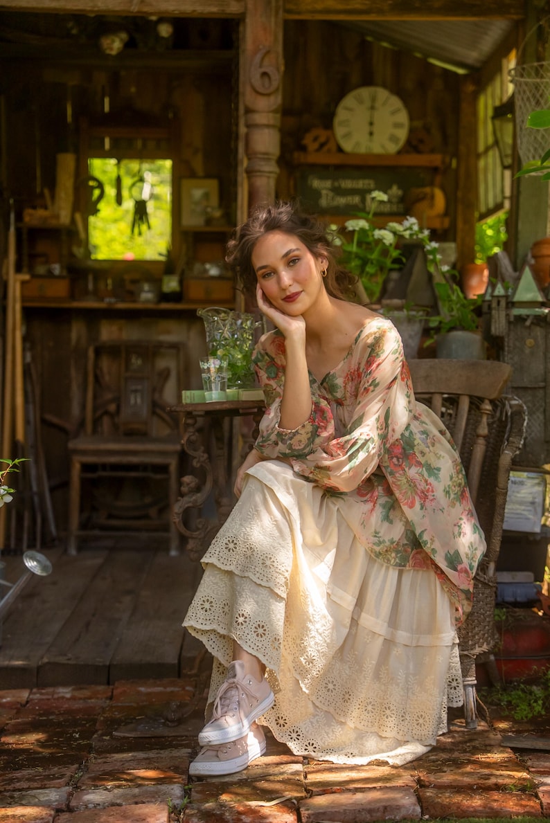 Floral Chiffon Blouse, Marigold Rose Print, Loose Tencel Top image 6