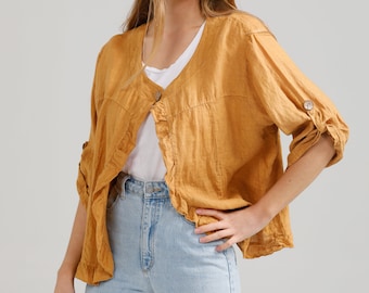 Fifi Linen jacket in buttercup yellow. Linen ruffled jacket . one size short ruffled jacket.